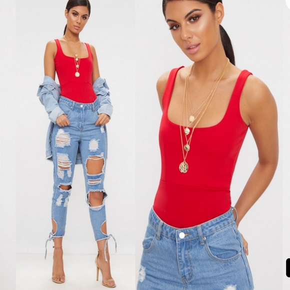 PrettyLittleThing Tops - Red Scuba Crepe Square Front Thong Bodysuit size 0